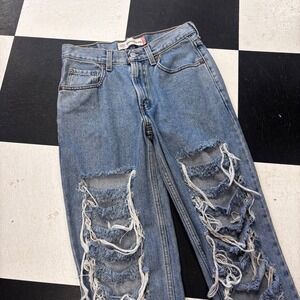 Upcycled Levis 550 Mens Relaxed Fit Light Wash Distressed Denim Jeans 28